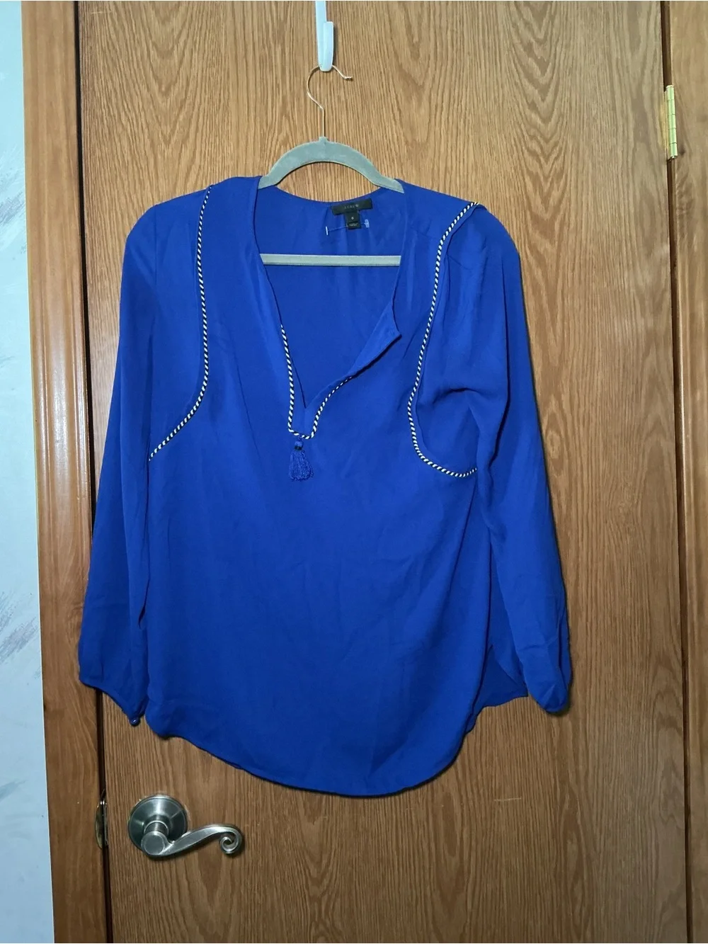 J.Crew Cobalt Blue Tassel Trim Long Sleeve Blouse Size 0